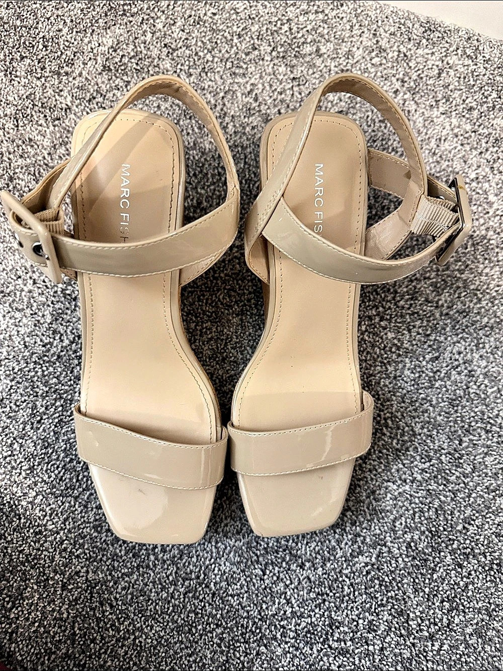 Marc Fisher Patent Lukey Strap Wedge Sandals in Beige Like New